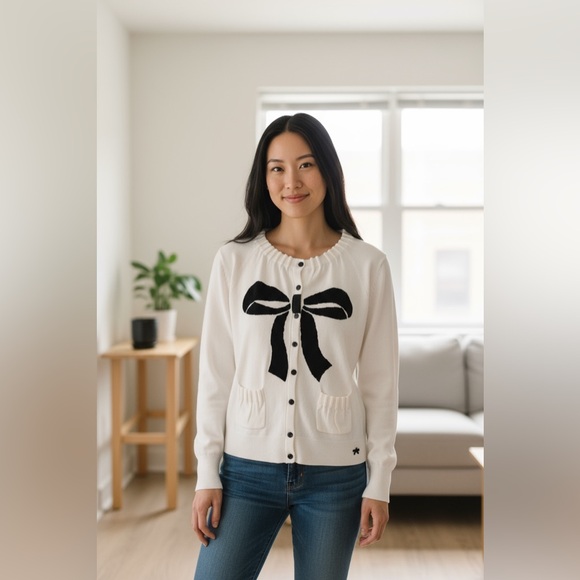 NWOT Cream Luxe Cardigan With Black Bow & Scalloped Trim Size Large - Picture 2 of 15